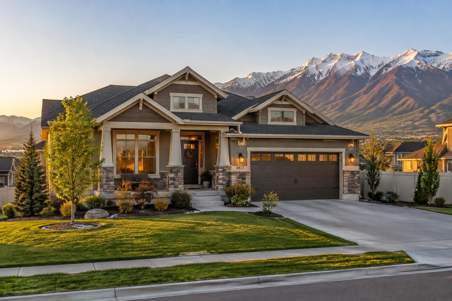 Craftsman-style Utah home at sunset with the snow-capped Wasatch Mountains behind it