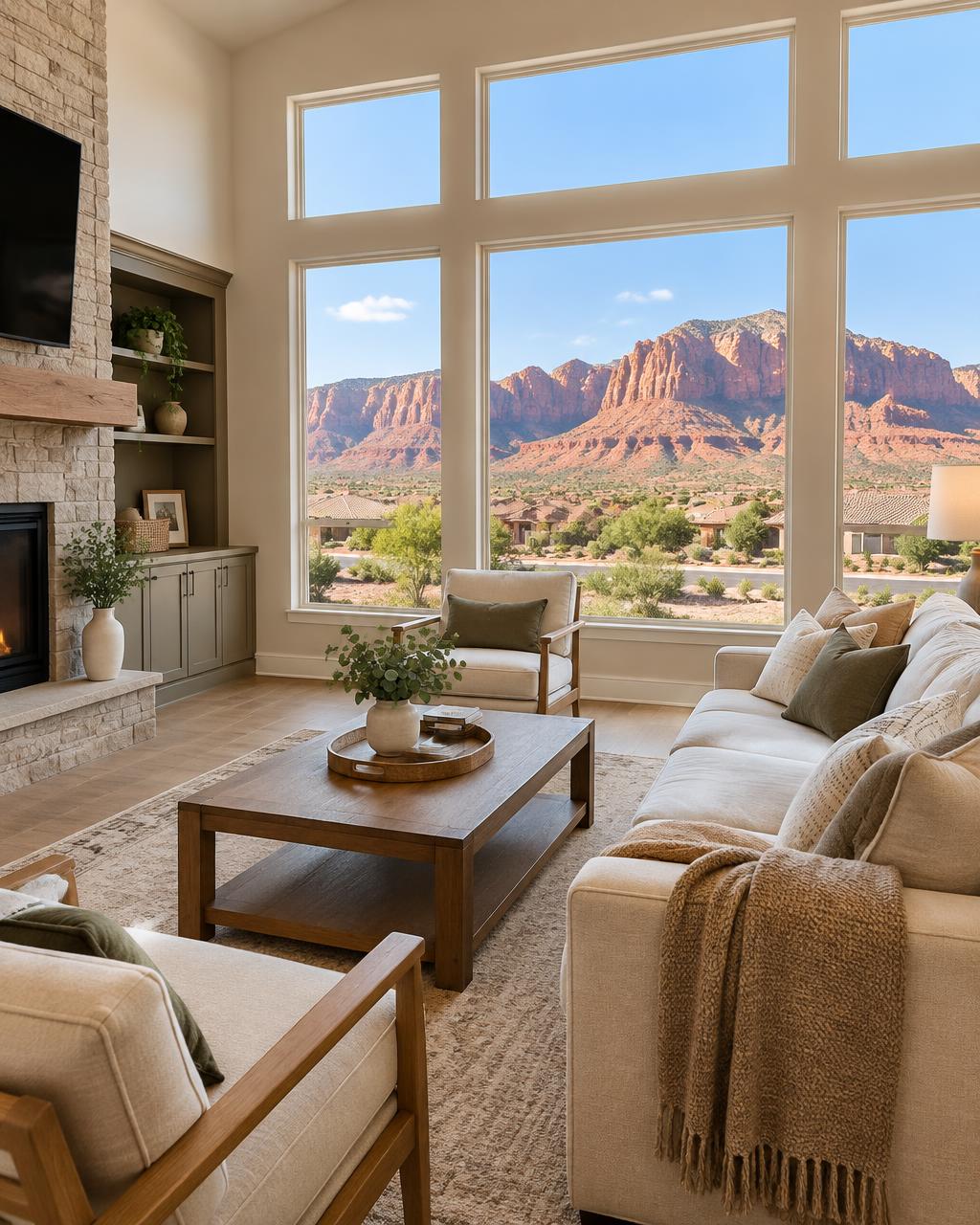 Staged living room with large windows overlooking red rock cliffs in Southern Utah