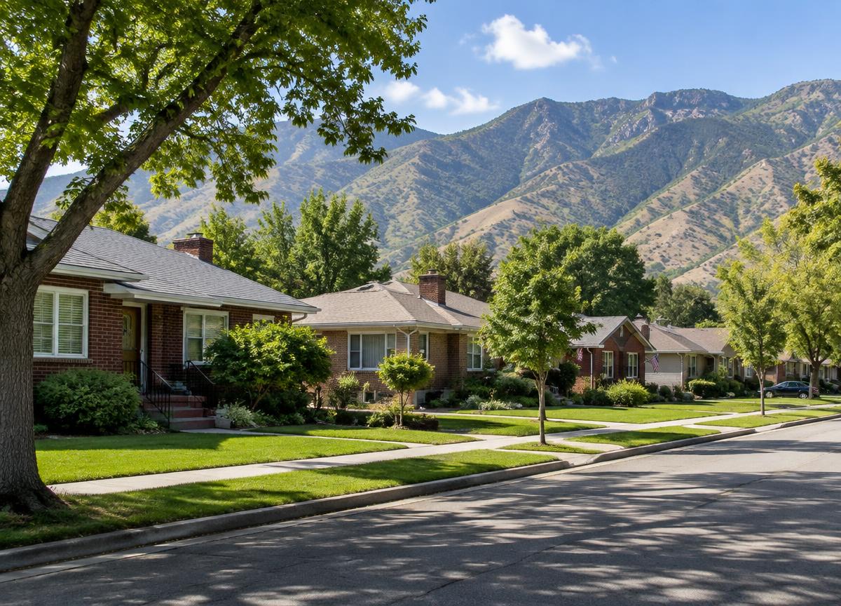 Brick bungalows on a tree-lined Utah street with the foothills behind